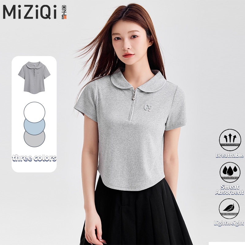 Mizi Flag เสื้อโปโลไหล่ด้านหน้าเสื้อยืดแขนสั้นผู้หญิงฤดูร้อน 2025 Slim-Fit ครึ่งแขนอายุ-สีแดง