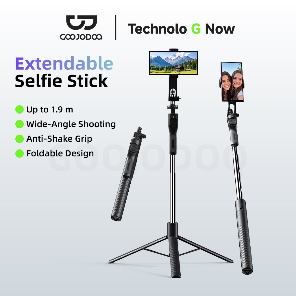 GOOJODOQ สแตนเลส 360 ° แหวน ไม้เซลฟี่ ขยายได้สูงสุด 190 ซม. ด้ามจับป้องกันการสั่นไหว รีโมทคอนโทรลที่สะดวกสบาย