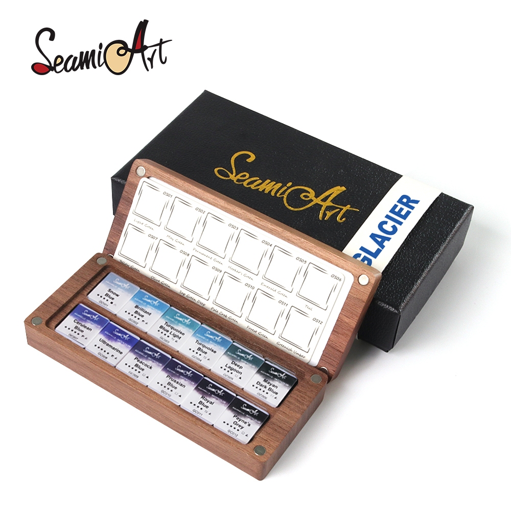 SeamiArt 12color Glaciers Blue Tone Professional Solid สีน้ําชุดวอลนัทภาพวาดกล่อง Palette
