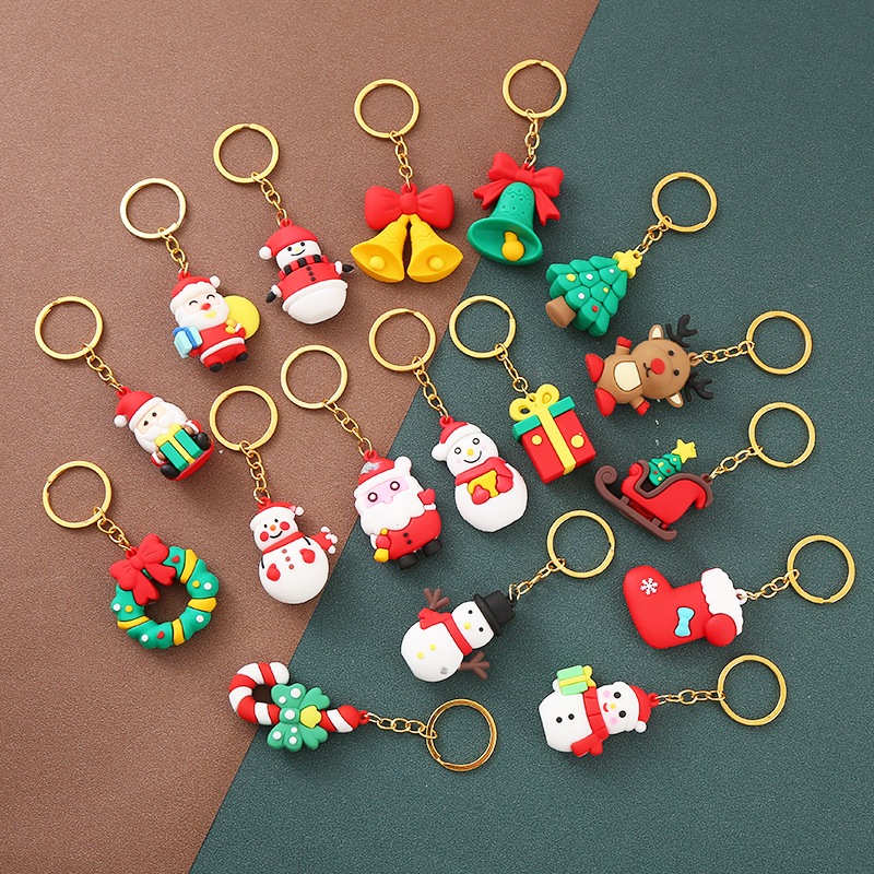พวงกุญแจคริสต์มาสน่ารัก Santa Snowman Elk สีสัน PVC Key Chain จี้ของขวัญคริสต์มาส
