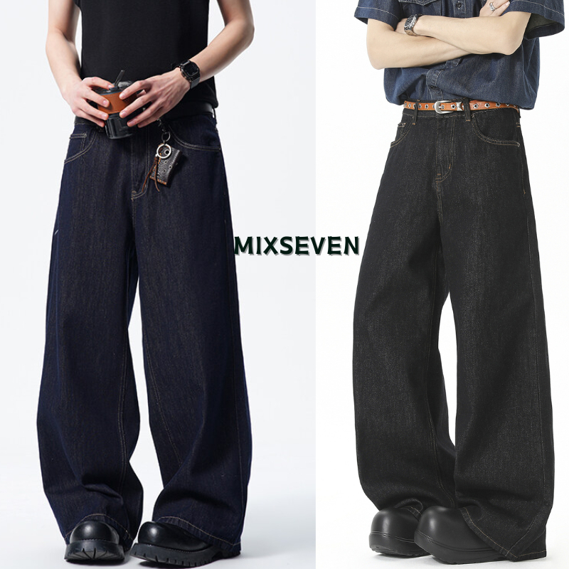 Mixseven-กางเกงยีนส์ขากว้างยาวผู้ชาย ขากระบอก เอวยางยืด สไตล์อเมริกันย้อนยุคออกแบบตรงหลวม