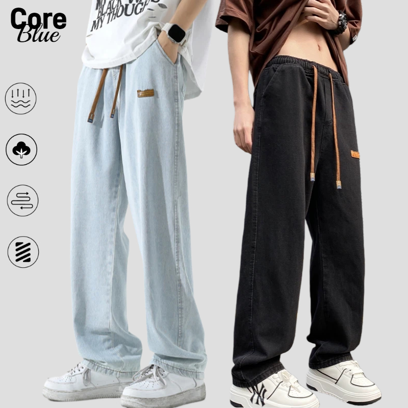 👖Core Blue👖 กางเกงยีนส์ยาวชาย แมชต์ได้ทุกสไตล์ ทรงหลวม เอวยางยืด ปรับเอวด้วยเชือก ทรงตรง แบบเรียบง่าย กางเกงยีนส์ผู้ชาย กางเกงผู้ชาย