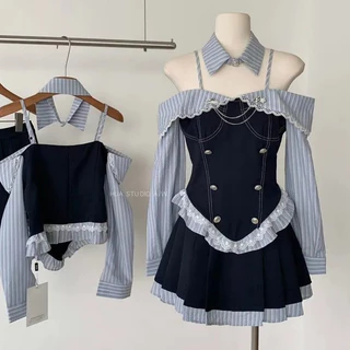 ชุดสองชิ้นสไตล์เกาหลี ฤดูใบไม้ร่วง กระโปรงจีบทองLENGTHไหล่เดียว