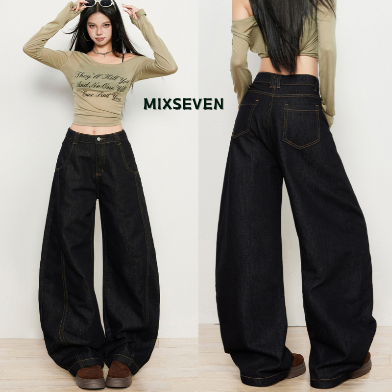 MIXSEVEN-กางเกงยีนส์ขายาวผู้ชาย baggy jeans เอวสูง ทรงกระบอก รุ่น Danny  ขากว้าง สไตล์อเมริกันวินเทจ ใส่สบาย