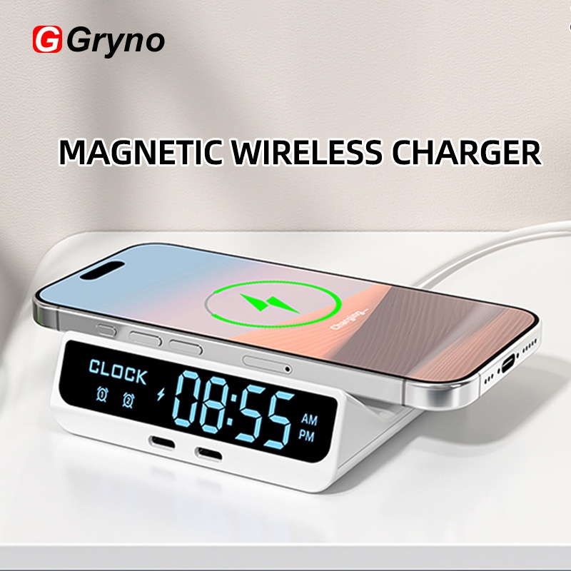 Gryno เครื่องชาร์จไร้สาย 3-in-1 พร้อมนาฬิกาปลุกนาฬิกาสําหรับโฮมออฟฟิศห้องพักหอพักวิทยาลัย