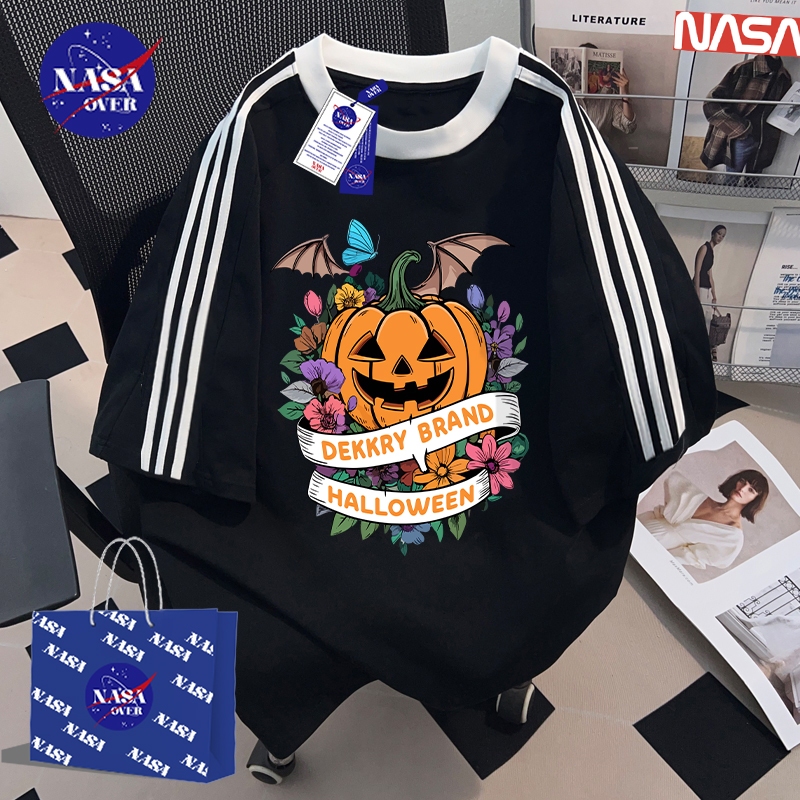 【พร้อมส่ง】🔥NASA ผ้าฝ้ายแท้100% หลวม สามแถบ แขนสั้น ยูนิเซ็กส์ ฤดูร้อน ฮาโลวีน ฟักทอง 🎃 ลาย เท่คล เสื้อYG3177