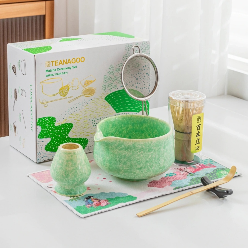 TEANAGOO 7 ชิ้น Matcha Whisk Set, Pink Matcha Set, Matcha Whisk Set and Bowl with Scoop&Sifter ชามมัทฉะเนื้อเกล็ดหิมะสีชมพูN66