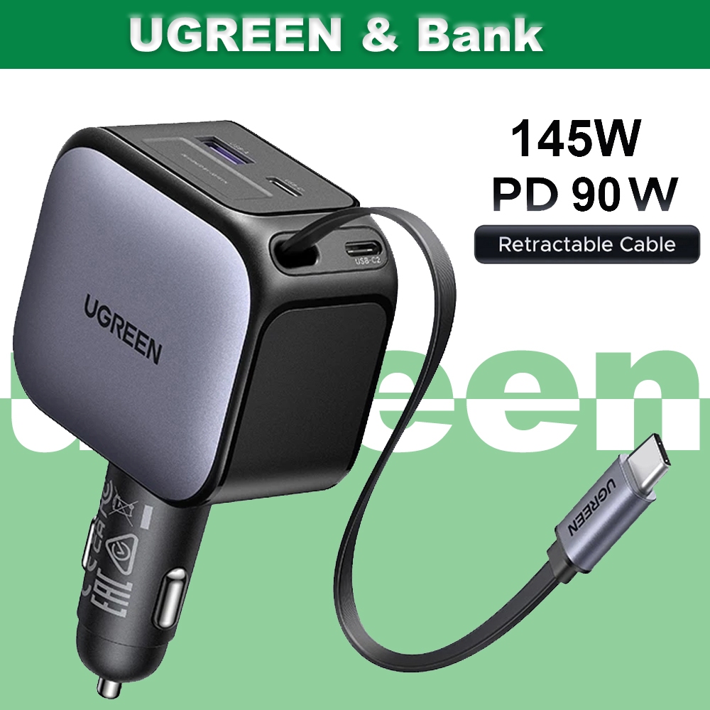 UGREEN เครื่องชาร์จในรถยนต์ 60W/90W/145W พร้อมสาย USB C USB-C Retractable Fast Charge Car Charger