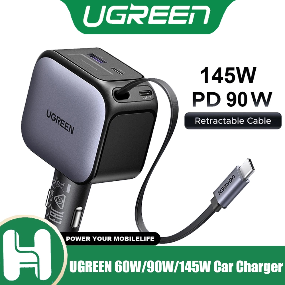 UGREEN เครื่องชาร์จในรถยนต์ 60W/90W/145W พร้อมสาย USB C USB-C Retractable Fast Charge Car Charger