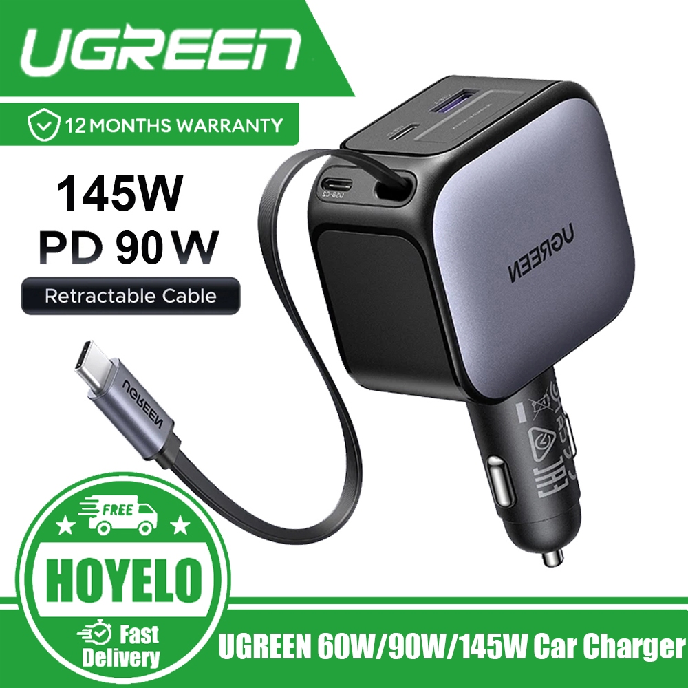 UGREEN เครื่องชาร์จในรถยนต์ 60W/90W/145W พร้อมสาย USB C USB-C Retractable Fast Charge Car Charger