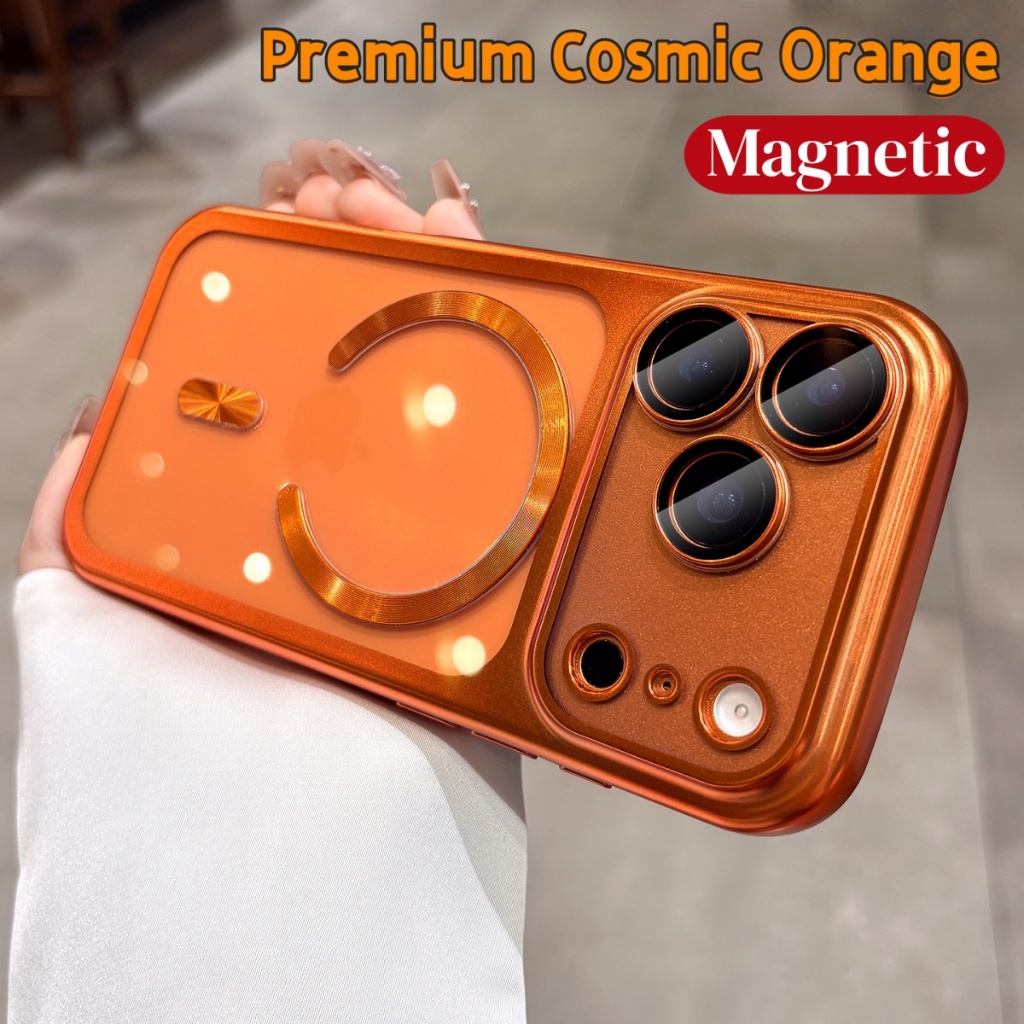 หรูหรา Cosmic สีส้มโปร่งใสแม่เหล็กเคสโทรศัพท์สําหรับ iPhone 17 Pro Max 17Pro Air 6D ชุบ Hard PC กล้อ
