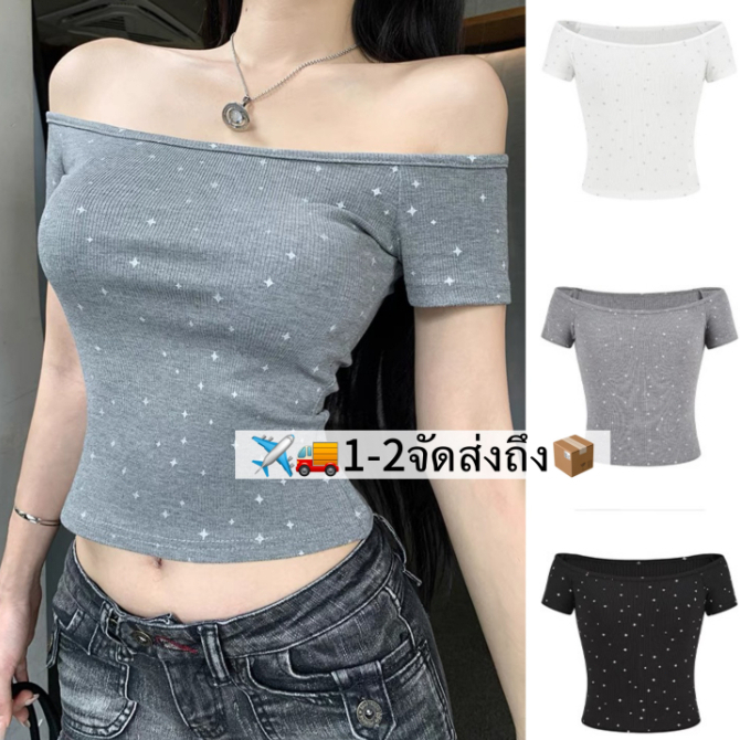 🤎Bra Queen🖤เสื้อไหล่ข้างหนึ่ง เสื้อยืดผ้าฝ้าย ความไม่สมมาตร สีพื้น แมทช์ง่าย ดูดีในการสวมใส่