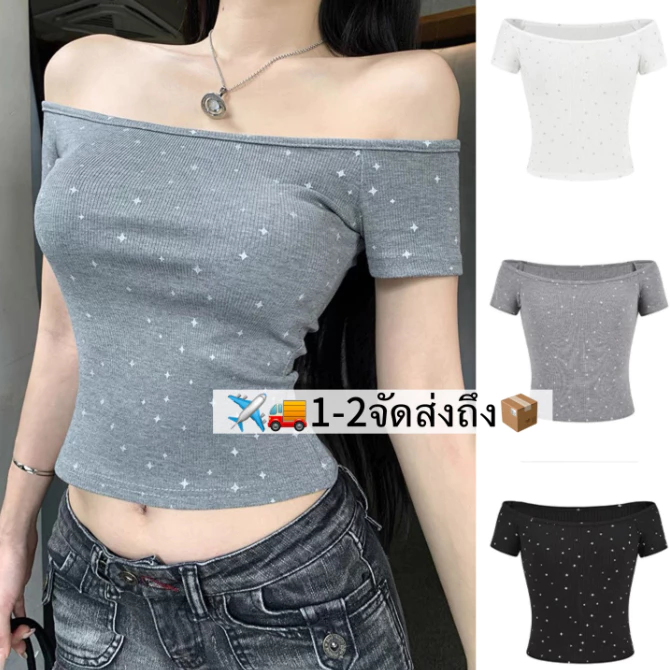 🤎Bra Queen🖤เสื้อไหล่ข้างหนึ่ง เสื้อยืดผ้าฝ้าย ความไม่สมมาตร สีพื้น แมทช์ง่าย ดูดีในการสวมใส่