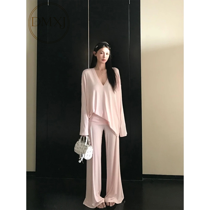 [DMXJ] ins Lazy Old Money สไตล์ชุดนอนสีทึบผู้หญิงฤดูใบไม้ผลิฤดูใบไม้ร่วงกางเกงขายาวแขนยาวHomewear