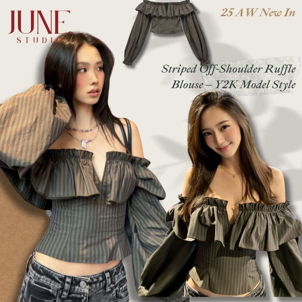 [June Studio] ท็อปสายเดี่ยวแขนระบายลายทางฝรั่งเศส ดีไซน์slim-fit สำหรับวันร้อน