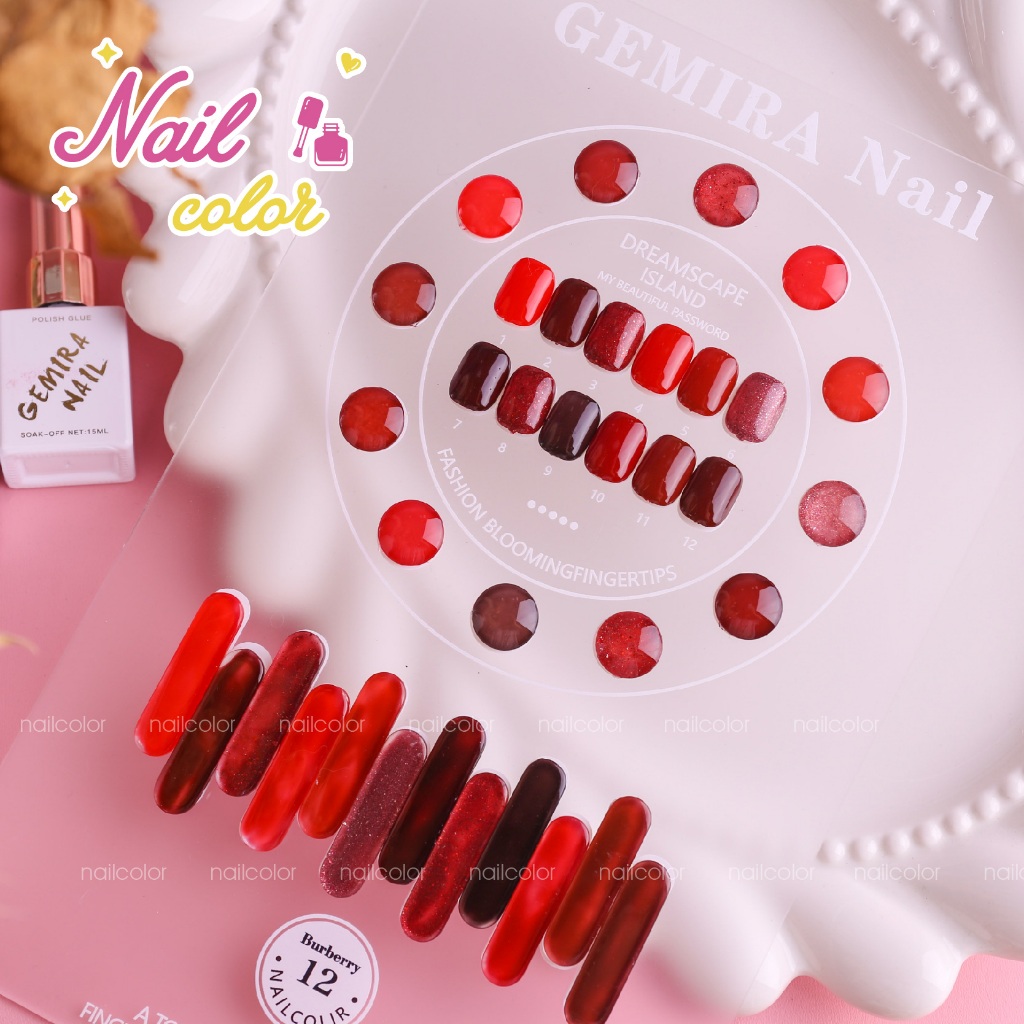 สต็อกพร้อม Gemira ชุดแต่งเล็บสีแดง 12 สี (ฟรีกระดานสีอะคริลิค) Burgundy, Cherry Red, กาวยาทาเล็บกลิตเตอร์แดง, น้ําตาล