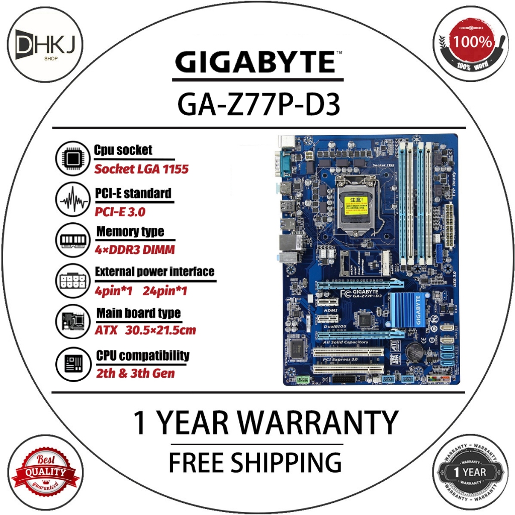 ใช้ต้นฉบับ GIGABYTE GA-Z77P-D3 เมนบอร์ดเดสก์ท็อป Z77 LGA 1155 i3 i5 i7 DDR3 32G ATX UEFI BIOS