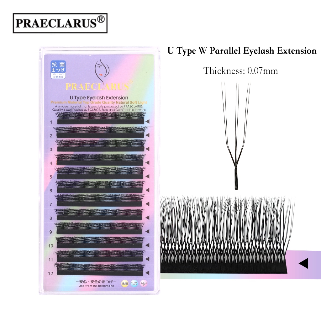 PRAECLARUS U ประเภท W ขนตาแบบขนานความหนา 0.07 มม.วัสดุพรีเมี่ยมธรรมชาตินุ่ม U-Shape W Parallel Mink Fur Eyelashes Extension