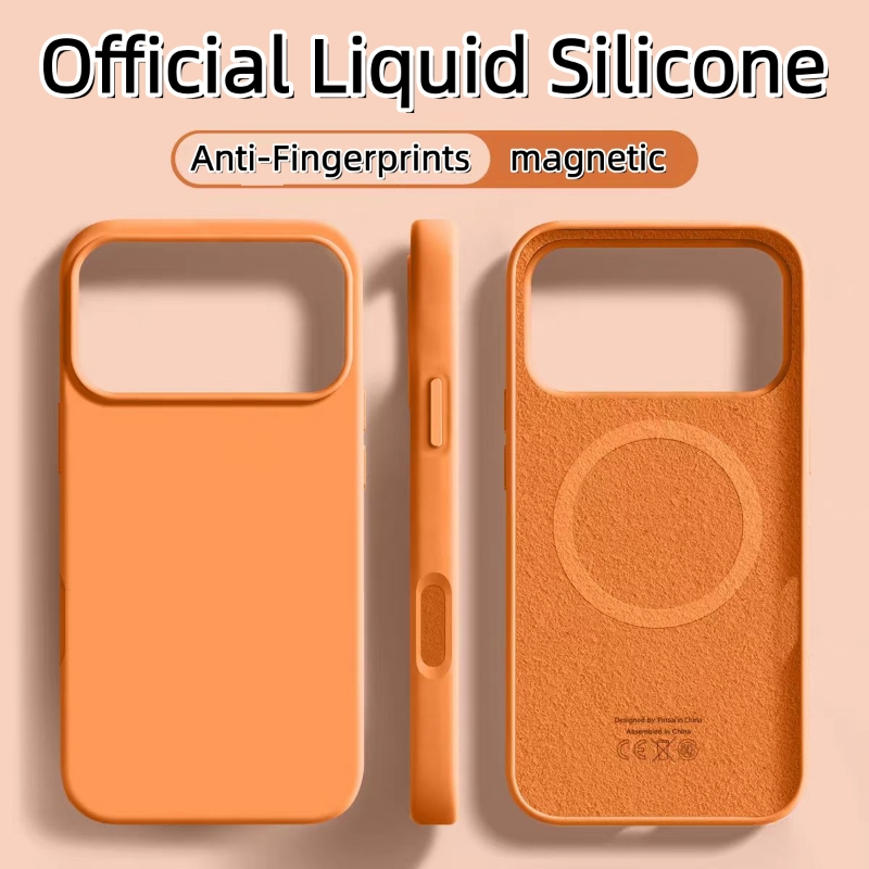 ใหม่ อย่างเป็นทางการสีส้มป้องกันลายนิ้วมือซิลิโคนเคสโทรศัพท์แม่เหล็กสําหรับiPhone 17 16 15 14 13 12 Pro max 17 Air 16 15 14 Plusกรณีกันกระแทกนุ่มในตัวผ้ากํามะหยี่ปกหลัง