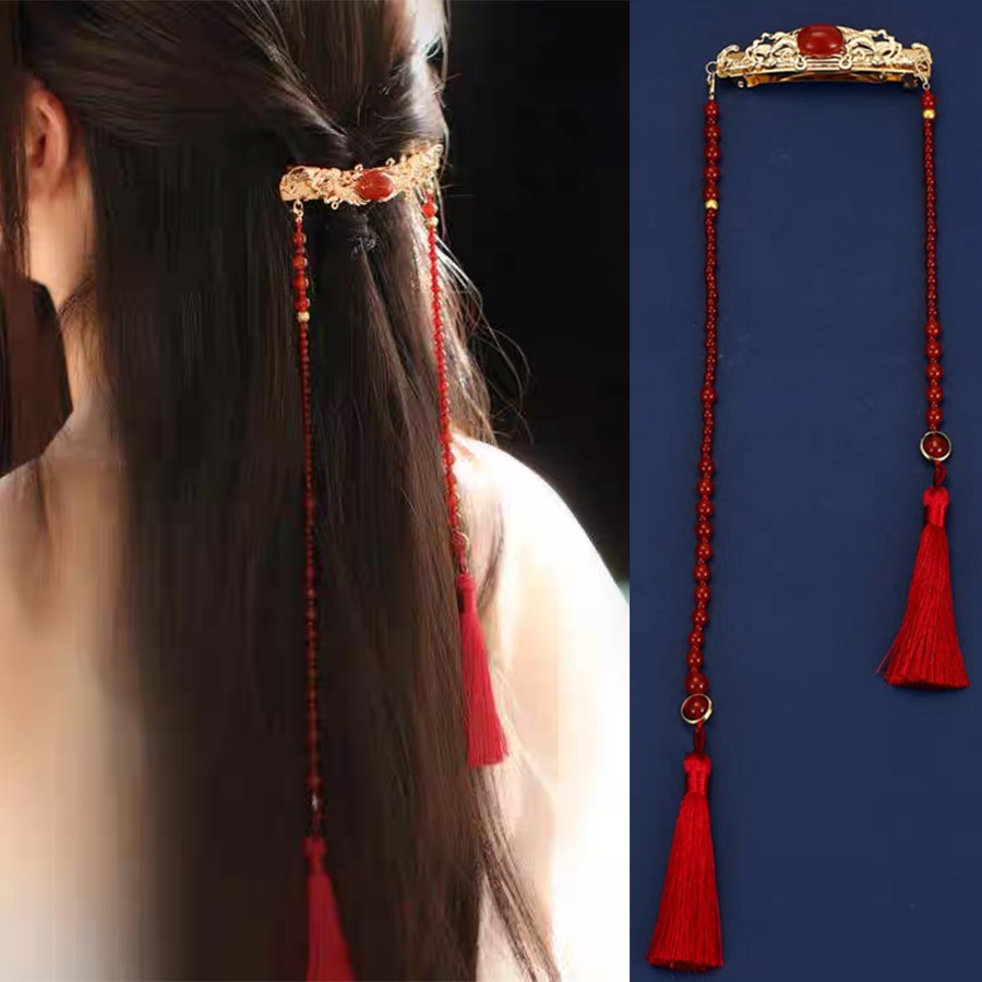 เครื่องประดับผมสไตล์จีนใหม่ สีแดงสดใส มีลูกปัดและพู่ยาวแบบดั้งเดิม เหมาะสำหรับโอกาสพิเศษ