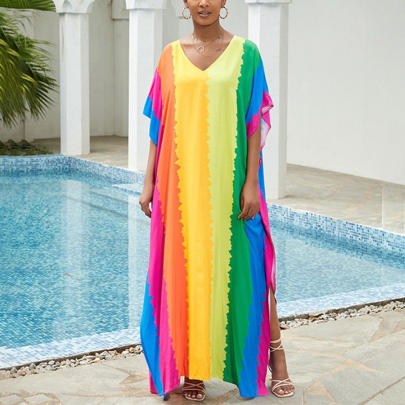 DN1094 พิมพ์ Beach Tunic V คอ Foral Maxi Dress Oversize Kaftan ชุดว่ายน้ําแขนสั้น Bikin Cover Ups