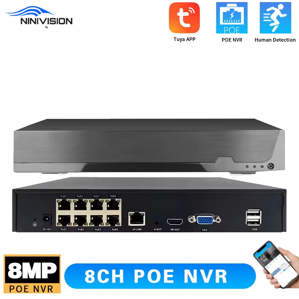 NINIVISION Tuya 8CH 4K POE NVR ระบบ H265 Video Recorder 4TB HDD Motion Detection HDMI VGA เอาต์พุตสม
