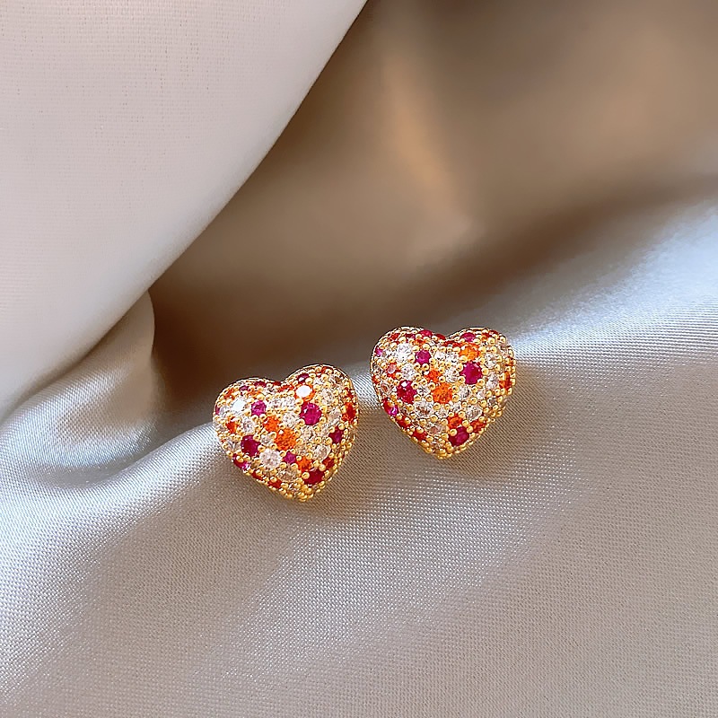 T Classy Fuchsia สีสัน Love Heart ต่างหูเพชรหญิงขนาดเล็กประณีตต่างหูเข็มเงินที่สวยงาม