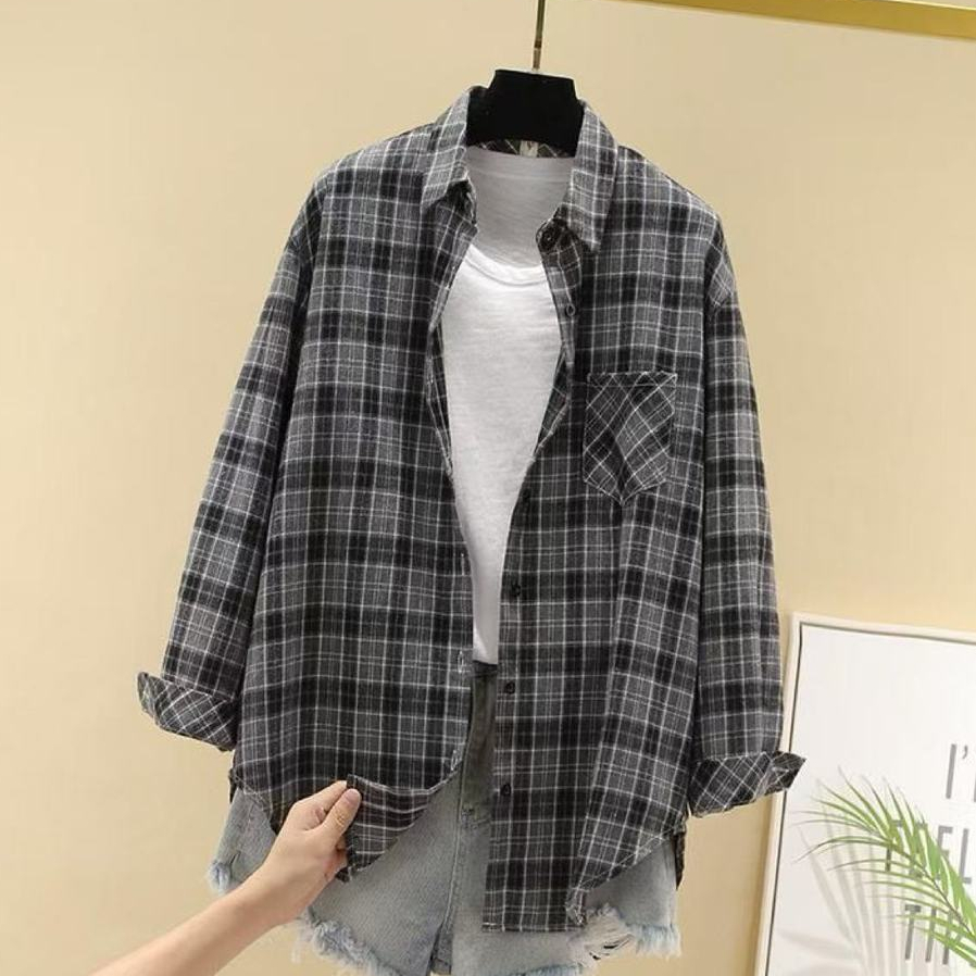 CP เสื้อลายสก๊อตผู้หญิงแปรงเกาหลีรุ่น All-Match ฤดูใบไม้ผลิฤดูร้อนผู้หญิงเสื้อหลวม Retro เสื้อแขนยาว