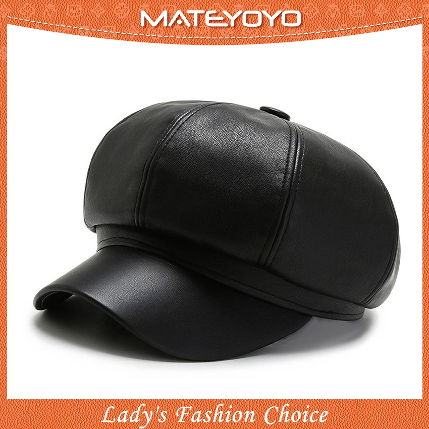 MATEYOYO หมวกเบเร่ต์ผู้หญิง ทำจากหนัง PU นุ่ม สไตล์วินเทจ ทรงแปดเหลี่ยม กันหนาว เหมาะสำหรับฤดูใบไม้ร่วงและฤดูหนาว