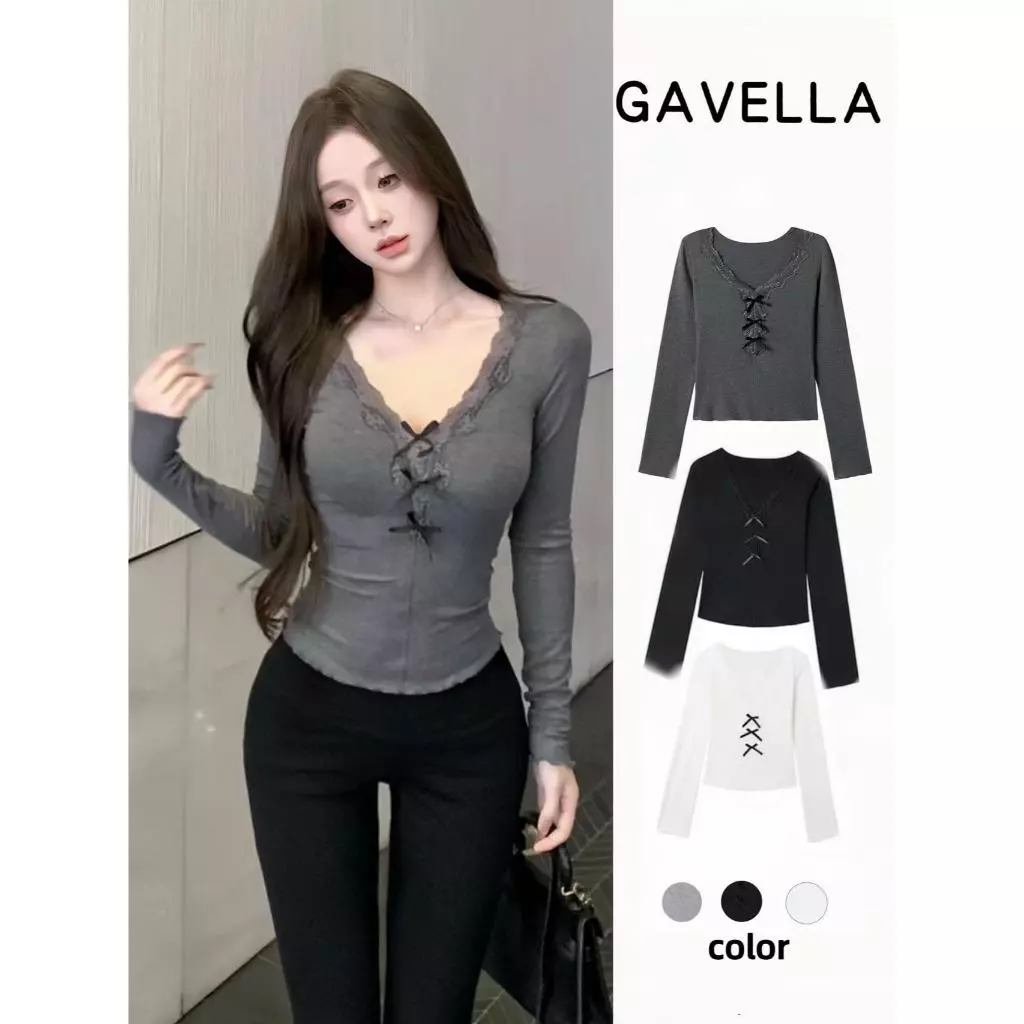 GAVELLA ผู้หญิงเสื้อยืดแฟชั่นลูกไม้สีทึบคอวี สีพื้น เสื้อแขนยาวผู้หญิง พร้อมส่งจากกทม