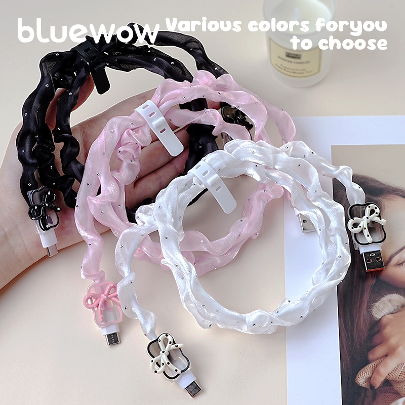 BlueWow เคสสายชาร์จผ้าไหมใหม่พร้อมฝาปิดสายตาข่ายเจาะสําหรับสายชาร์จ USB to Type-C