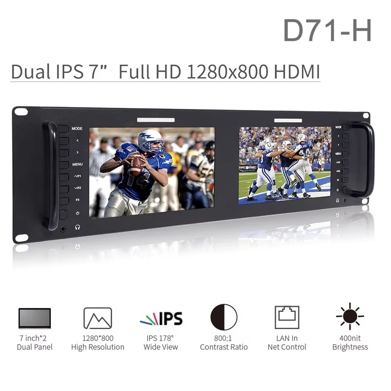 Feelworld D71-H Dual 7 นิ้ว IPS 3RU 1280 x 800 HDMI LCD Rack Mount Monitor แบบพกพา 2 หน้าจอ Broadcas