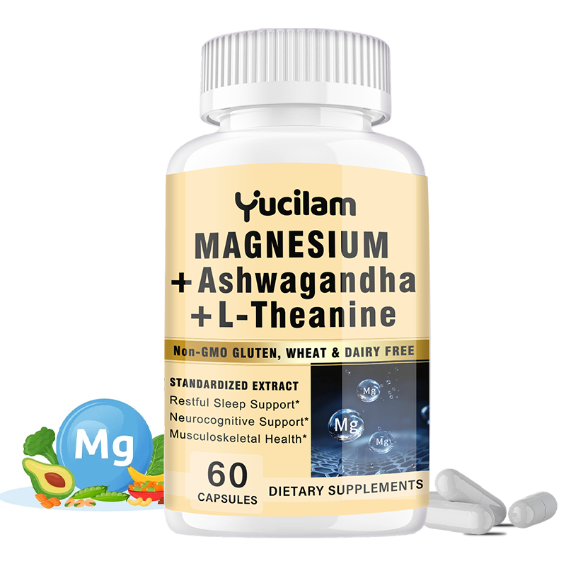 แมกนีเซียม + Ashwagandha + L - ผลิตภัณฑ์เสริมอาหาร Theanine สําหรับการนอนหลับอย่างล้ําลึก บรรเทาความเครียด สุขภาพกล้ามเนื้อ