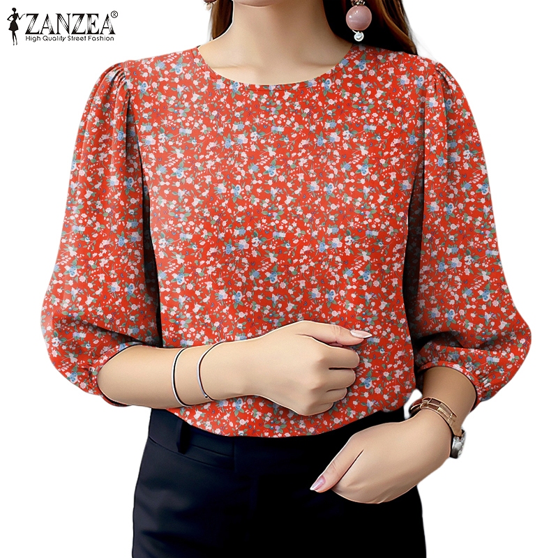 ZANZEA ซานเซีย ผู้หญิงวินเทจคอลูกเรือปุ่มพิมพ์ดอกไม้สามในสี่แขนเสื้อ