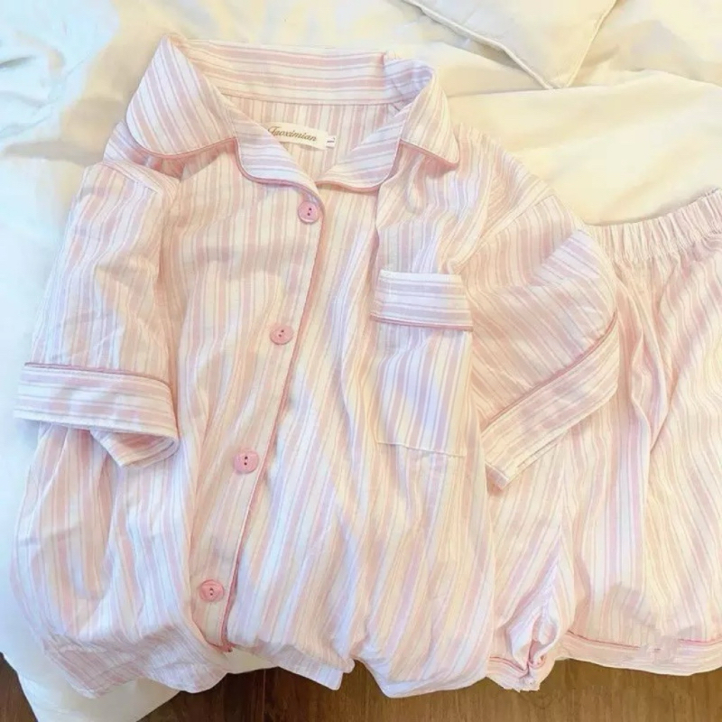 🧡ส่งไวจากไทย🧡 ชุดนอน ชุดนอนผู้หญิงชุดนอมีฟองน้ำในตัว แขนสั้น-ขาสั้น กระดุมหน้า ผ้าฝ้าย ระบายอากาศดี - 1