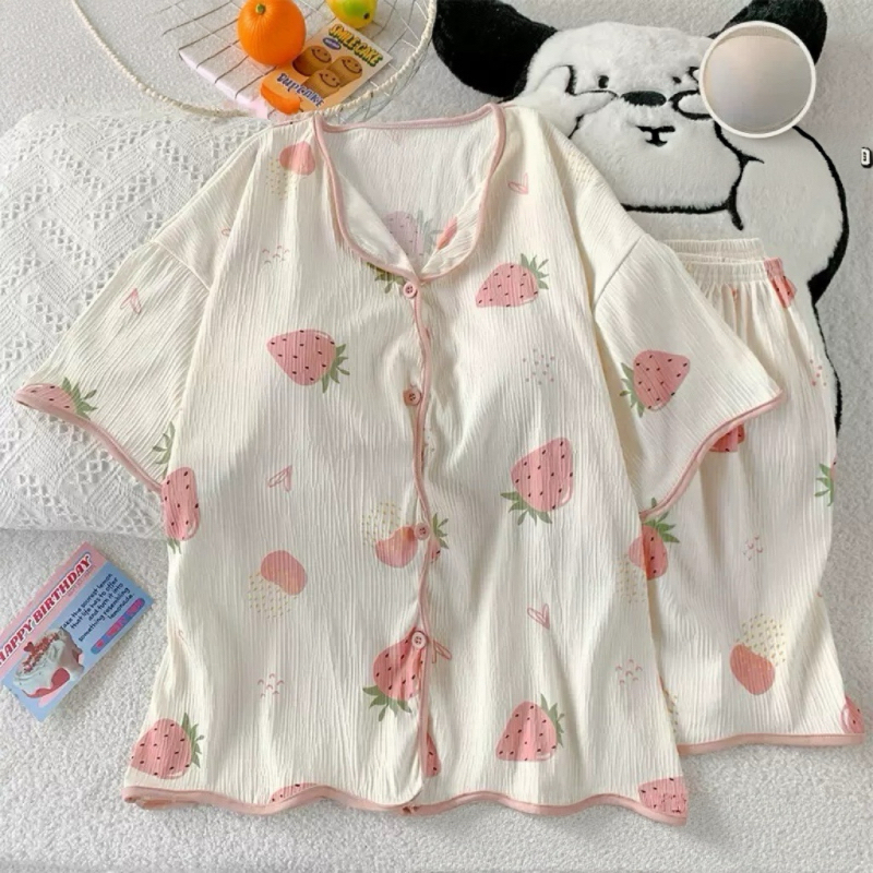 🧡ส่งไวจากไทย🧡 ชุดนอน ชุดนอนผู้หญิงชุดนอมีฟองน้ำในตัว แขนสั้น-ขาสั้น กระดุมหน้า ผ้าฝ้าย ระบายอากาศดี - 5