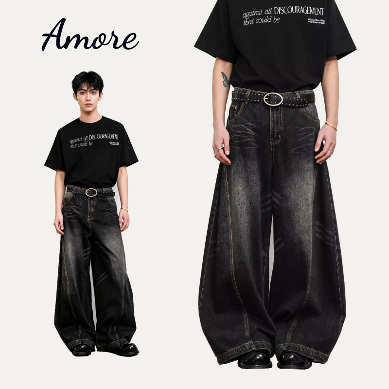 Amore-กางเกงยีนส์ผู้ชายสีดำทรงขากว้าง Baggy Jeans สไตล์สตรีทวินเทจ หลวมสบาย ใส่เท่ๆ สไตล์ฮิปฮอป