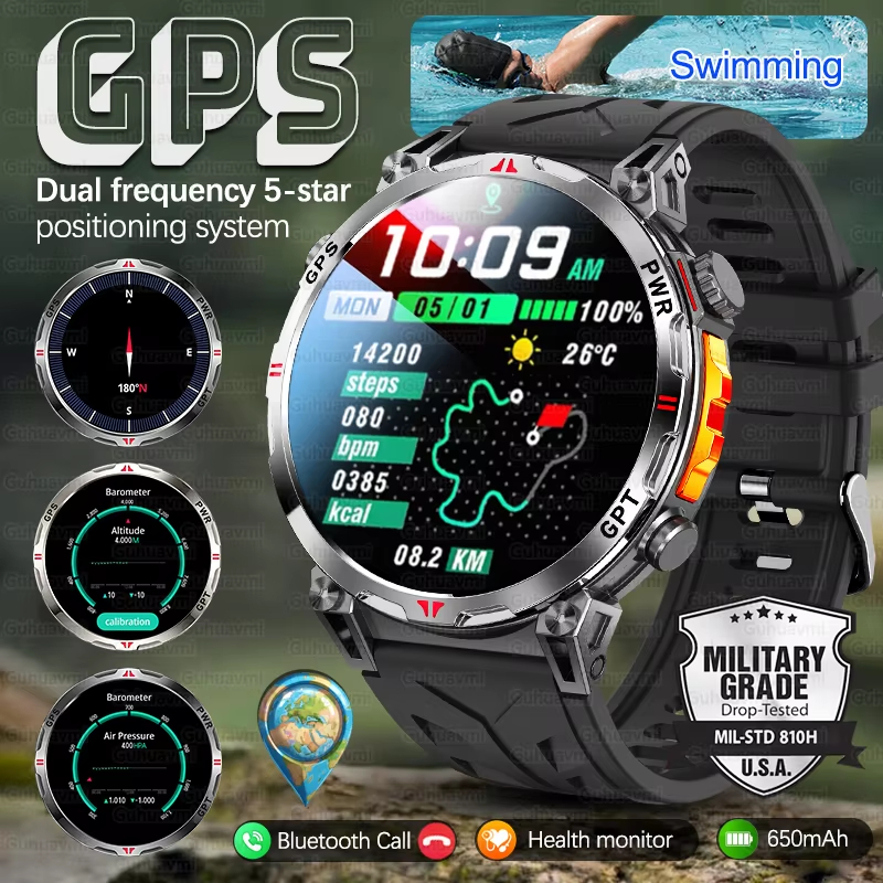 นาฬิกาอัจฉริยะ GPS แบบทหาร 2025 ทนน้ำ 3ATM แบตเตอรี่ 650mAh โทรผ่าน Bluetooth ตรวจสอบอัตราการเต้นหัว