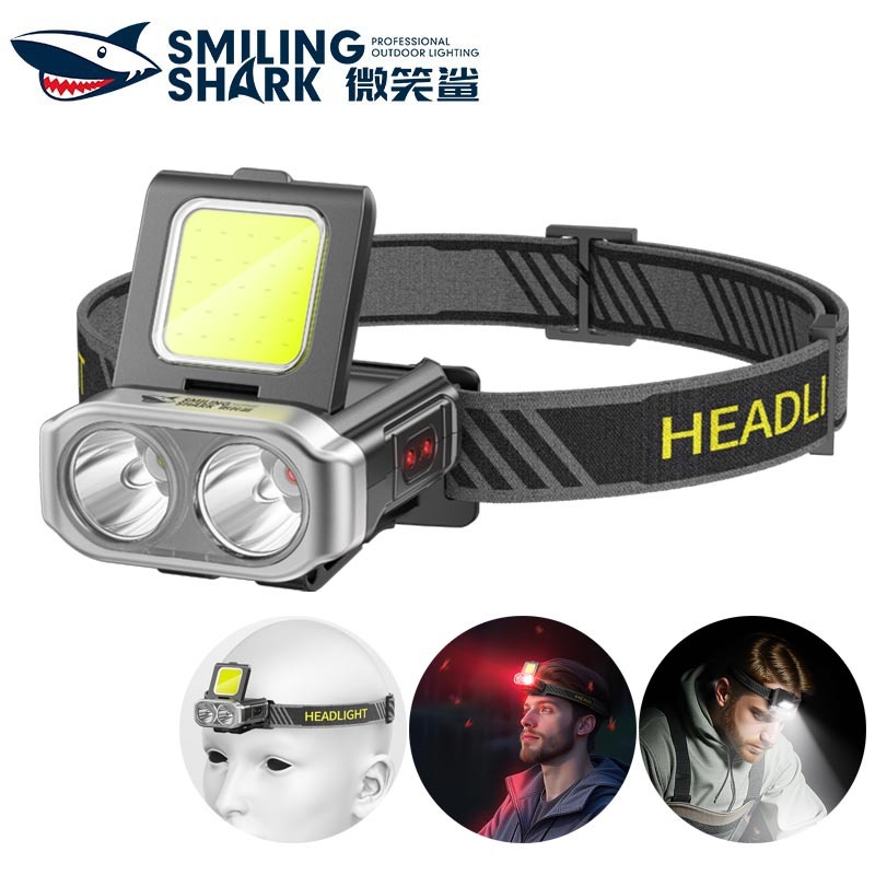 SmilingShark TD0269 ไฟคาดหัว ไฟฉายคาดหัว LED มินิ เซนเซอร์ LED+COB พลิกไฟหน้า ไฟหนีบหมวก 4โหมด แสงสีขาว/สีแดง Type-C ชาร์จใหม่ได้ น้ำหนักเบา กันน้ำสำหรับงานตั้งแคมป์ตกปลา
