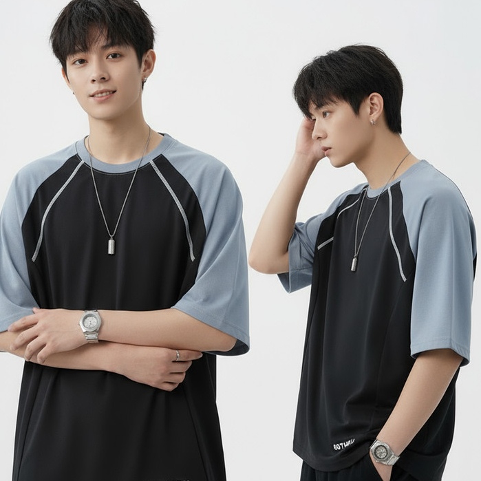 เสื้อยืดแขนสั้นผู้ชายสไตล์ใหม่ สีจับคู่สำหรับใส่ลำลองและออกกำลังกาย