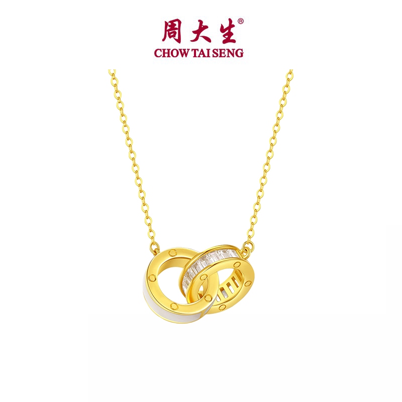 CTS S925 Silver Zircon Shell Interlocking Circles สร้อยคอผู้หญิงเครื่องประดับ CHOW TAI SENG S0N30116