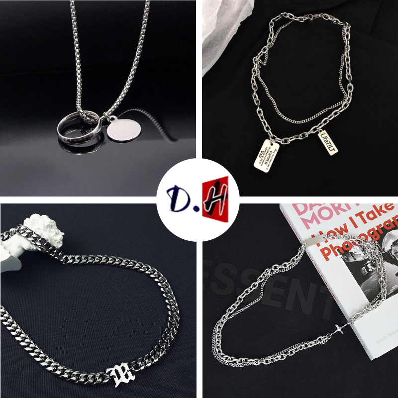 D.H  สร้อยคอกลมแบบคลาวิกเกิล สองชั้นทรงเหลี่ยม สไตล์หรูหราและทันสมัย อินสไปร์จากฮิปฮอปสำหรับผู้ชาย