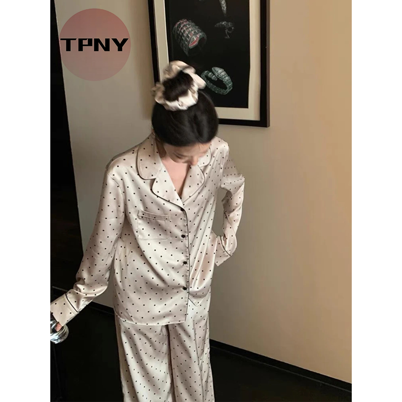 [TPNY] FASHION LOUNGEWEARชุดนอนฤดูร้อนผ้าไหมน้ําแข็งลายจุดแอปริคอทชุดสองชิ้น
