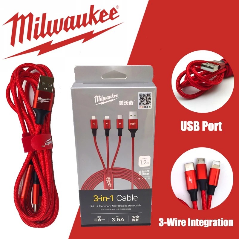 Milwaukee MWDC01 สาย 3-IN-1 อลูมิเนียมอัลลอยด์ถักสายเคเบิลข้อมูลสูงสุด 3.5A ป้องกันความปลอดภัยสายชาร์จชิ้นส่วนเครื่องมือ