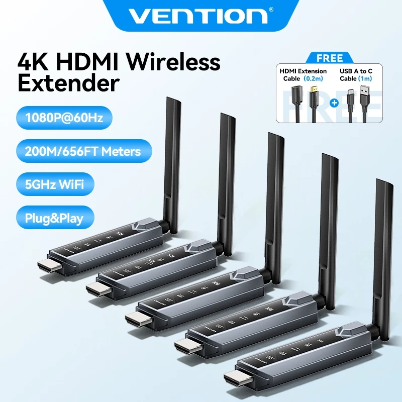 Vention ชุดขยายสัญญาณ HDMI ไร้สาย 4K 200 เมตร/657 ฟุต 5GHz Wi-Fi 1 ตัวส่งสัญญาณไปยัง 4 ตัวรับสำหรับทีวี กล่อง โปรเจคเตอร์ จอภาพ กล้อง พีซี แล็ปท็อป