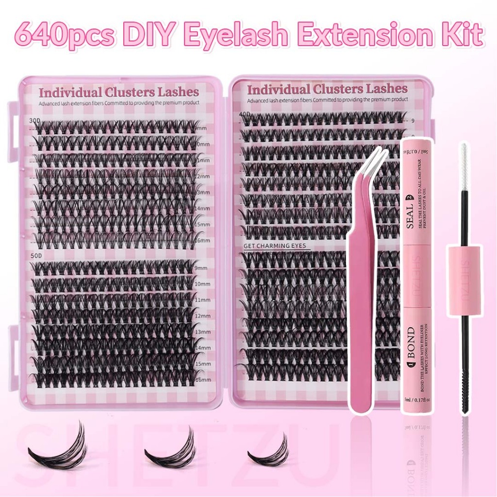 SHETZU Lash Clusters ชุด 640 ชิ้นผสมความยาว (9-16 มม.) ขนตาส่วนบุคคล Extension D Curl Fluffy Wispy Clusters ขนตาปลอม