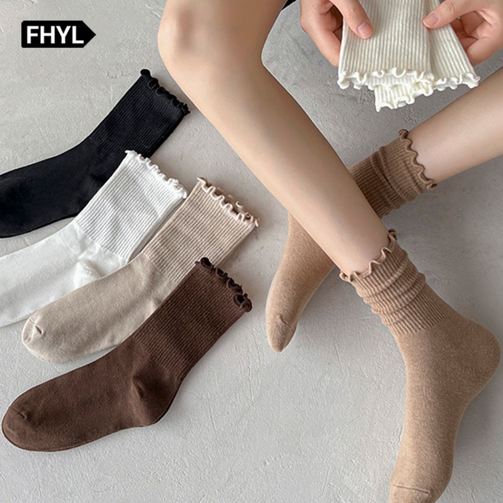 FHYL ถุงเท้าลําลอง ผ้าฝ้าย แบบนิ่ม ปักลายลูกไม้ สวมใส่สบาย สีพื้น แฟชั่นฤดูใบไม้ผลิ และฤดูร้อน สําหรับสตรี