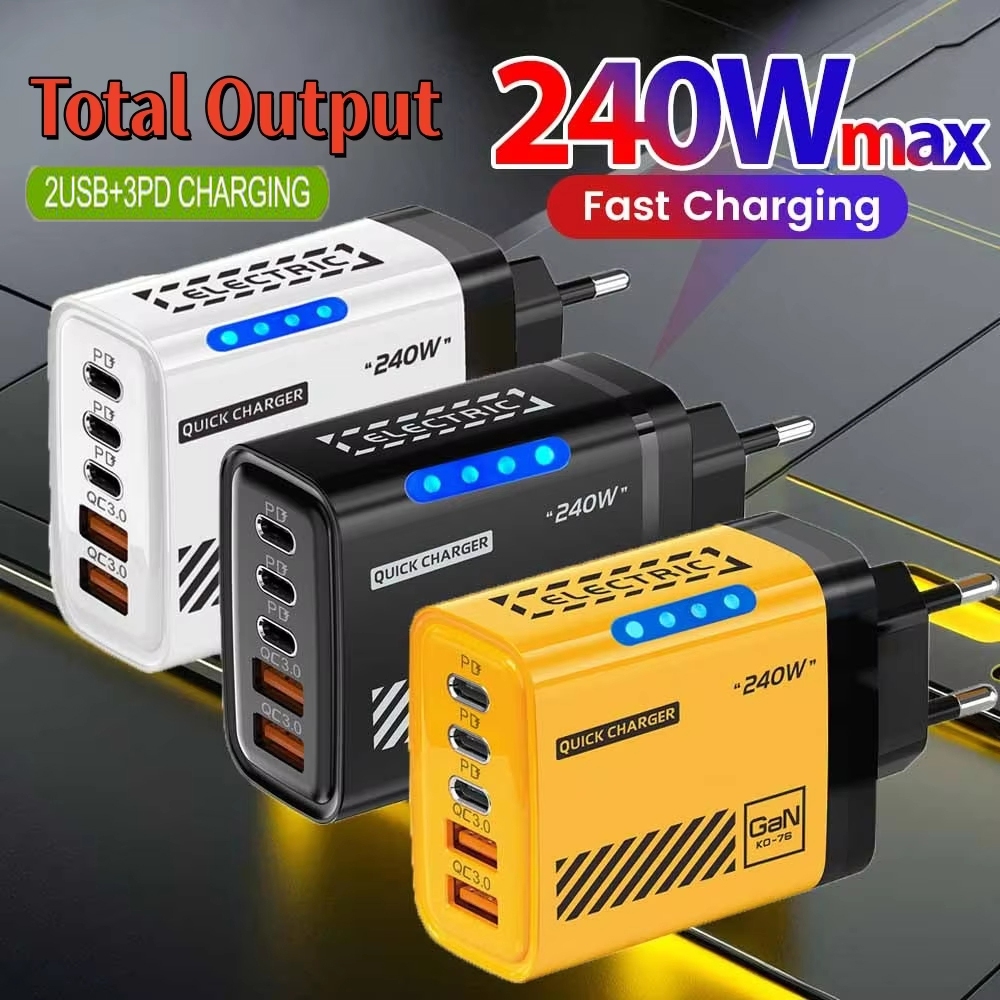 USB Type-C 5 พอร์ต 240W GaN Fast Charger อะแดปเตอร์โทรศัพท์ EU/US 2USB + 3TypeC ปลั๊กชาร์จสําหรับโทร