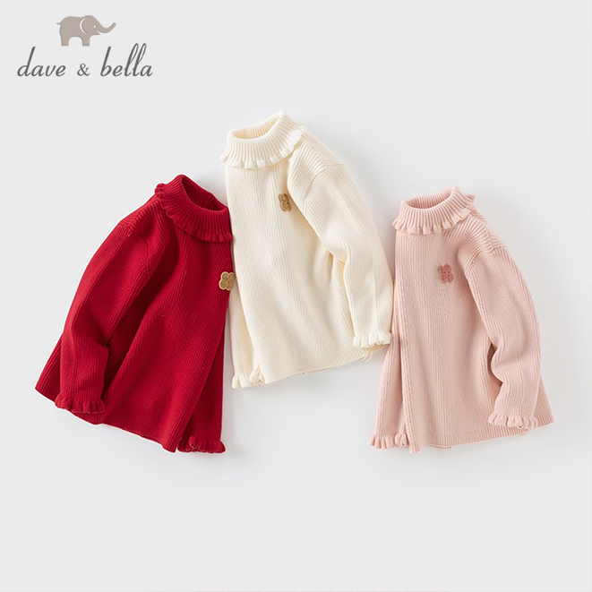 Dave Bella 2-11Y ตรุษจีน  สเวตเตอร์สีทึบ เด็กหญิง คอเต่า เสื้อไหมพรมเด็ก กันหนาว ผ้านิ่ม DB4243416