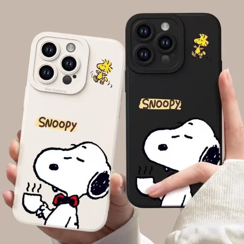 กาแฟ Snoopy สําหรับ iPhone 16Pro 13 เคสโทรศัพท์สีดํา 15Promax 11 กันกระแทก Soft TPU iPhone สําหรับ i